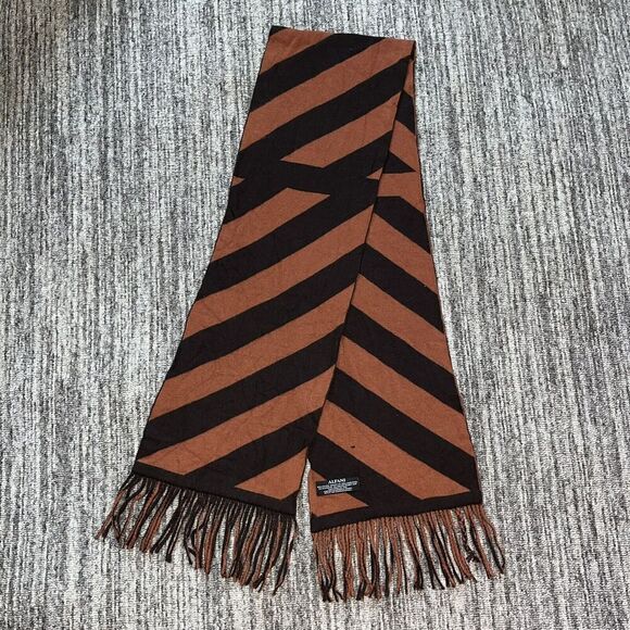 Alafani Unisex Winter Scarf Orange Brown Stripe Cashmere Blend Tassels Excellent - Picture 1 of 5